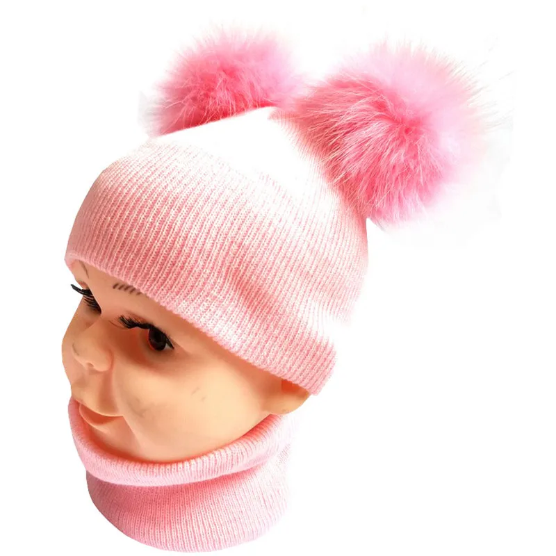 pink ball set Однотонная вязаная крючком Детская шапка; сезон осень-зима; вязаные детские шапки для мальчиков и девочек; Skullies Beanies; шапка; шарф; воротник; детская шапка; шарф; комплект - Цвет: pink ball set