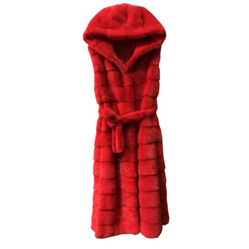 

Female 2019 New Real Rabbit Fur Vest with Striped Cut and Hood Genuine Natural Fur Gilet Long 120cm customize longer plus size
