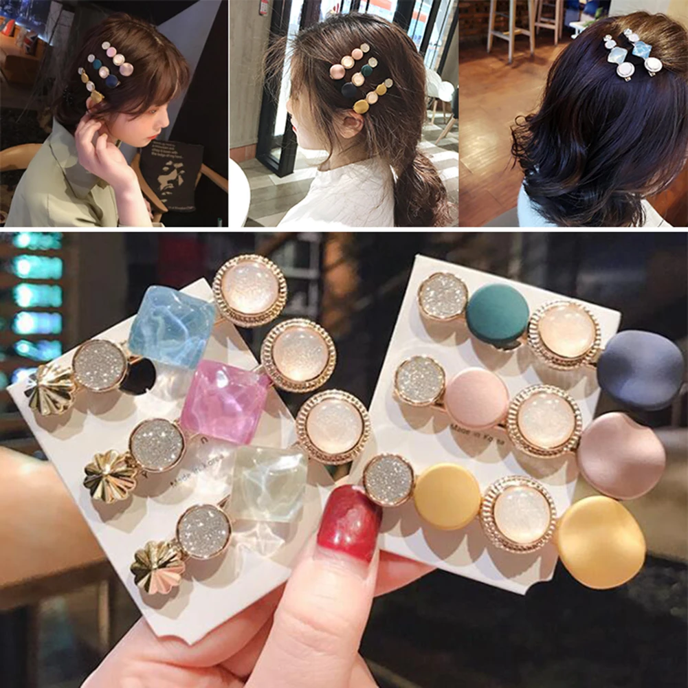 

2019 Korean Simple Geometric Round Button Shaped Hairpins Women Girls Crystal Rhinestone Alloy Acetic Acid Hair Clips Barrettes