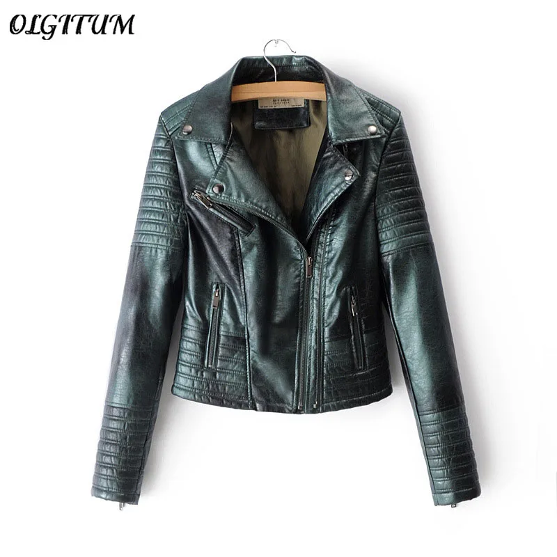

2019 Spring new green coat Women leather jacket short slim European style motorcycle jacke casual simple fashion outwear