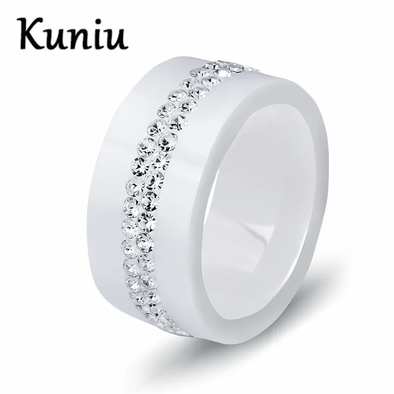 

10mm Wide Fashion Comfort Fit White Ceramic Ring With Double row CZ Jewelry Women Wedding ring Dropshipping