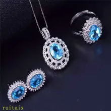 KJJEAXCMY бутиковые украшения из стерлингового серебра 925 пробы, инкрустированное голубым топазом кольцо+ подвеска+ серьги ожерелье с серебряным цветом