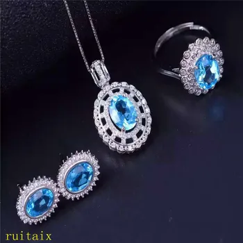 

KJJEAXCMY boutique jewels 925 sterling silver inlaid with blue topaz ring + pendant + earrings necklace with silver color.