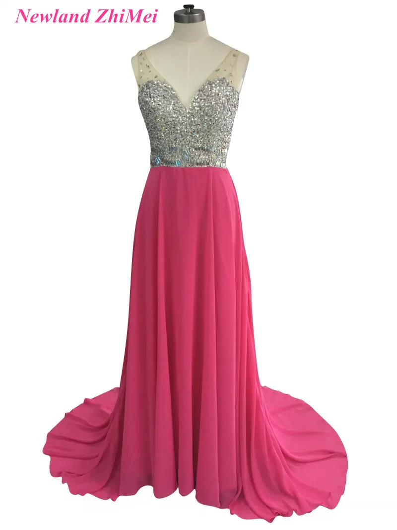 Fuchsia Pink Prom Dress 2017 Sparkly V Neck Backless Beaded Sequin Long