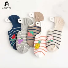 5 пар/лот, милые женские носки с фруктовым узором, повседневные Летние Нескользящие силиконовые невидимые женские носки в полоску