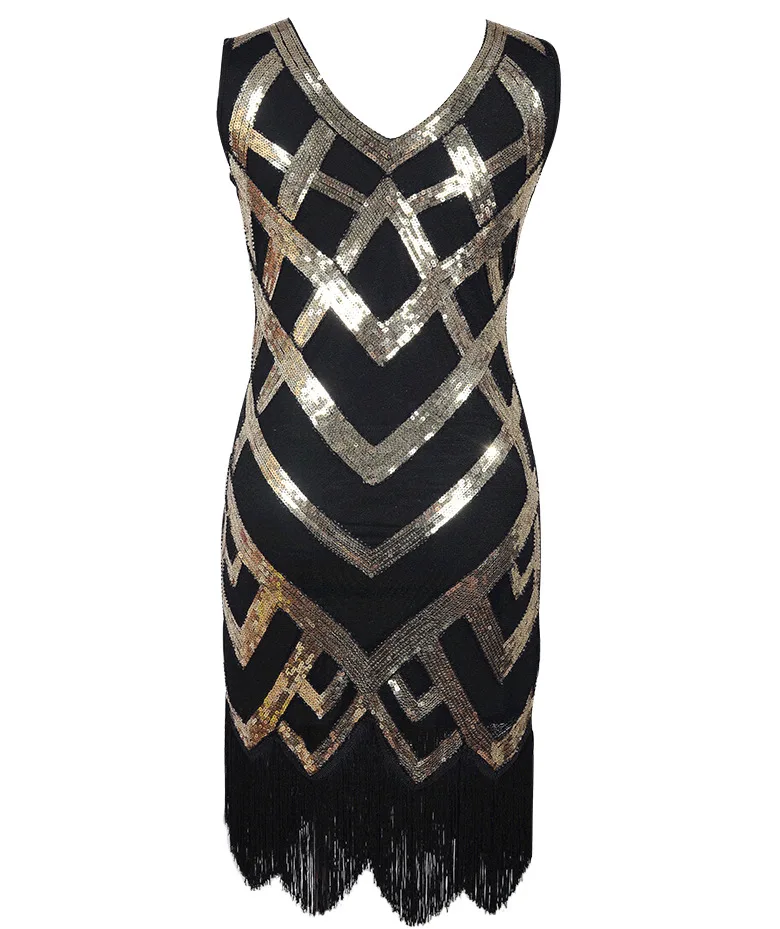 2018 Great Gatsby Dress Women Sequins Dress 1920 s Vintage Ballroom Gold Dresses Sexy Club V Neck tassels Beaded Party Dress (1)
