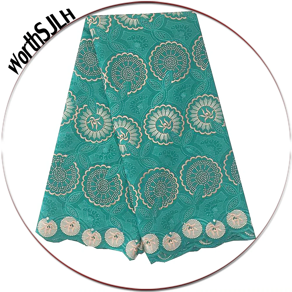 

Teal Latest African Lace Fabric 2019 High Quality Dry Cotton Voile Swiss Lace With Lots Of Stones Gold Bridal Lace Fabric