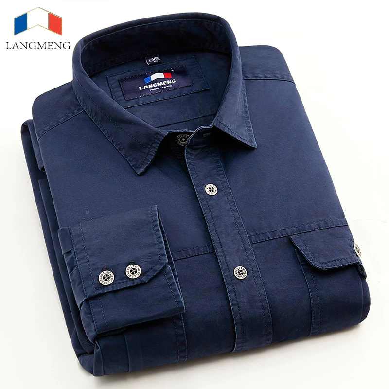 

LANGMENG 2017 New High Quality Brand Cotton Outwear Shirts Long Sleeve Men Casual Shirt Absorb Sweat Breathable Loose