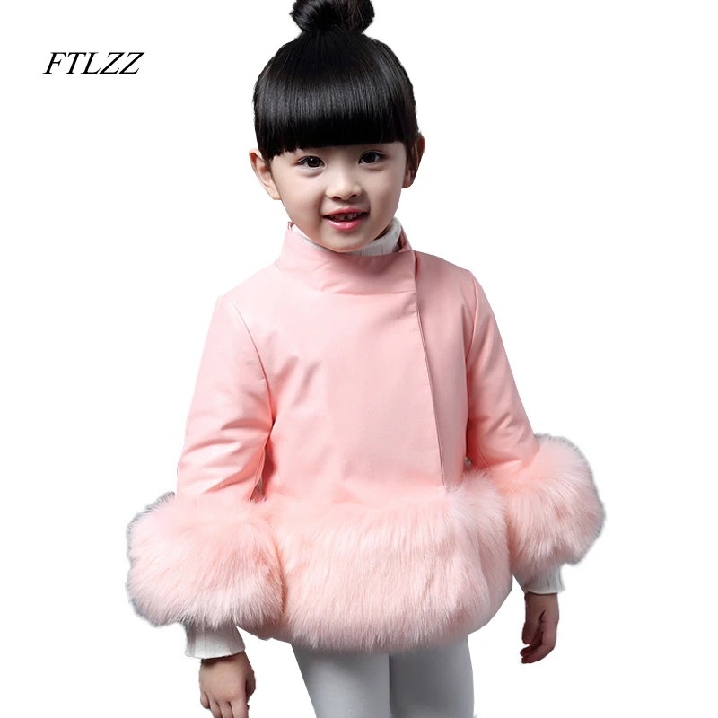 

Kids Girl's Winter Pu Leather Patchwork Fox Faux Fur Collar Jacket Thicken Coat Down Parkas Coat Princess Outerwear Fur Coat