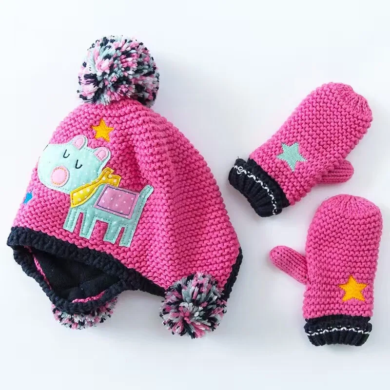 Лидер продаж; Розовая хлопковая детская шапка с рисунком+ перчатки; комплект с вышивкой; вязаные крючком Детские шапочки; детская шапка; сезон осень-зима; Ветрозащитный наушник ручной работы