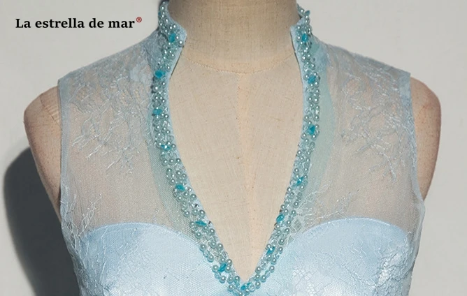 La звезда Мар свадебное платье для гостей Горячая Кружева бисером Сексуальная V шеи назад линия светло-голубое темно-синее голубое платье