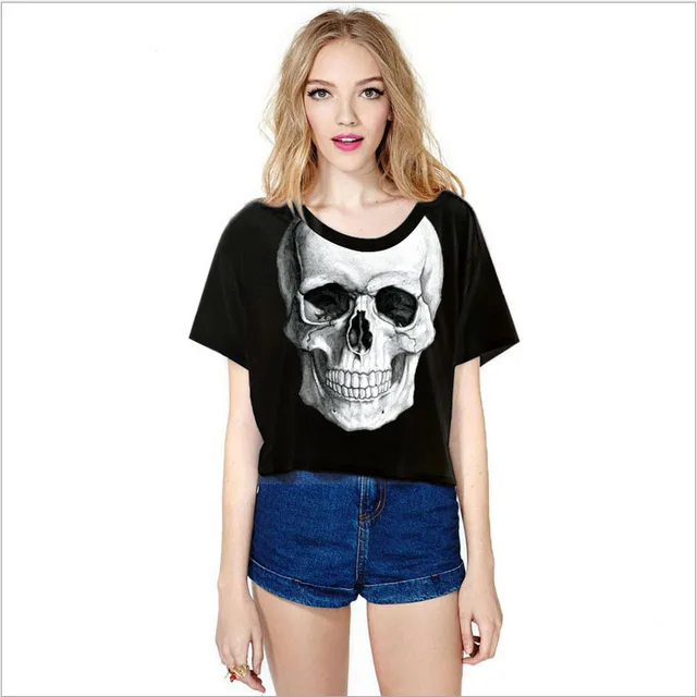 Sleeveless Hollow Out Punk Rock Cropped Tops For Women T Shirt Skull