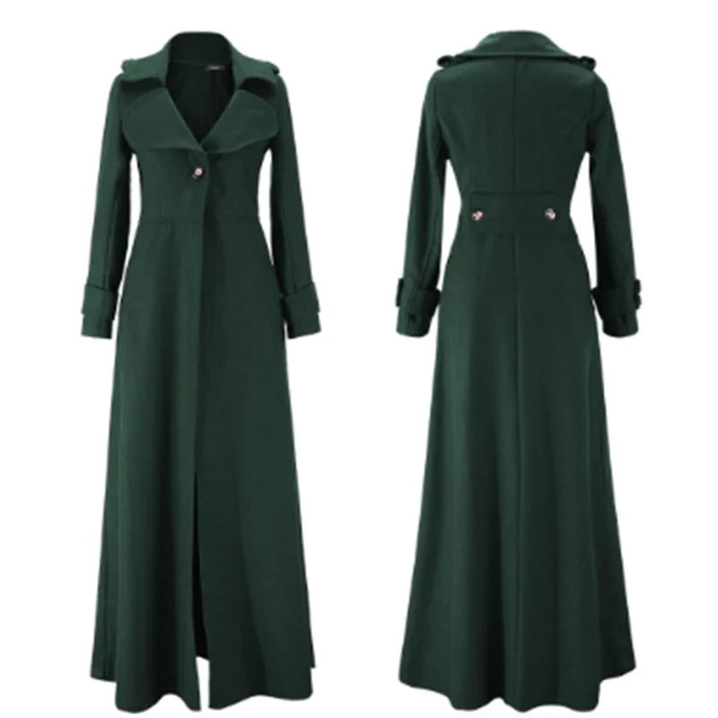 Однобортное зеленое повседневное модное пальто плюс размер тонкое сплошное х-длинное осеннее пальто для женщин