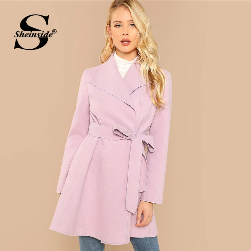 Sheinside Purple Pastel Women Coat Waterfall Collar Self Belted
