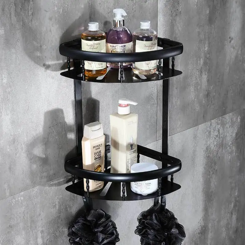 AUSWIND Black 2 Tier Bathroom Shelves / Rack Chrom Plated Space Aluminum Wall Mount Washing Shower Basket Bar Shelf Cj10