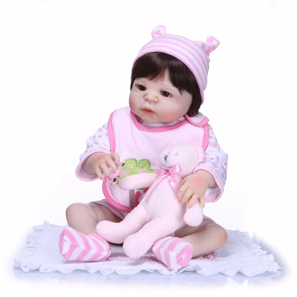 

NPK bebe 57cm full silicone sumilation newborn baby girl with black hair wig realista menina bonecas child toy doll gift