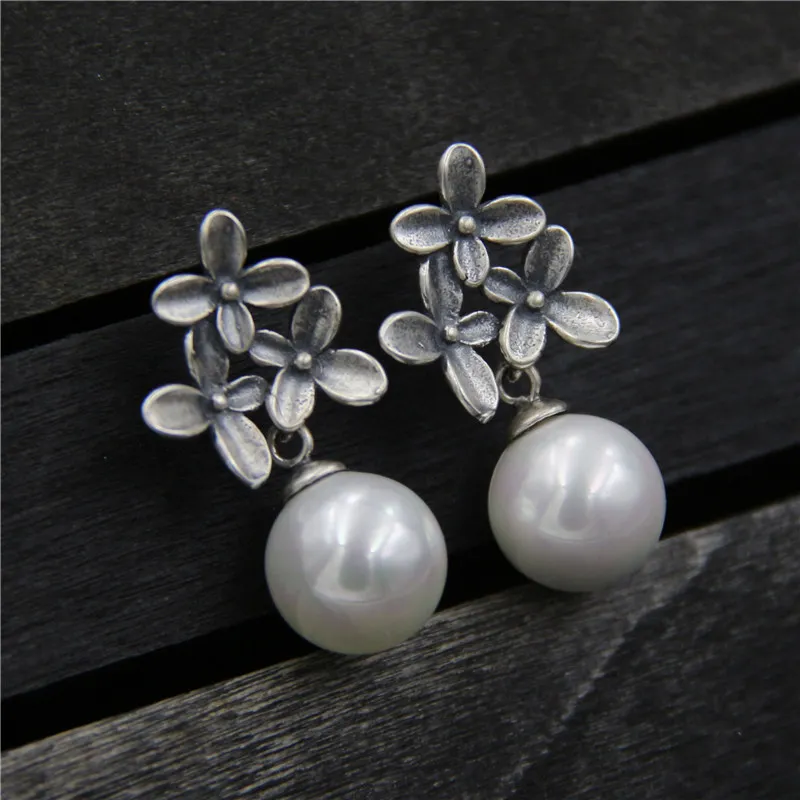 

Vintage 925 Sterling Silver Orchid Flower White Teardrop Pearls Stud Earrings for Women Wedding Bridesmaid Gift