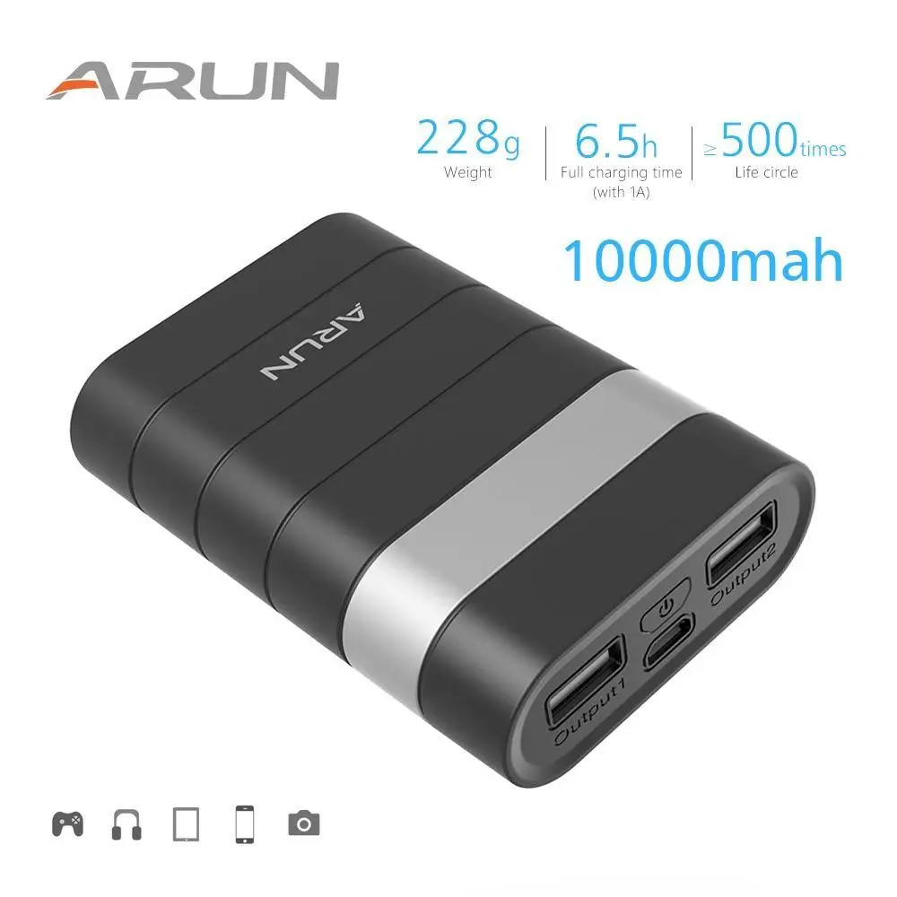 

ARUN 10000mah Power Bank External Pack PoverBank 18650 Battery Powerbank Portable Mobile phone Charger for Xiaomi MI iphone XS