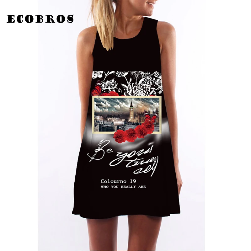 

ECOBROS 2019 New Woman Summer Dress casual sleeveless Loose letters print above knee dresses plus size woman clothing dress