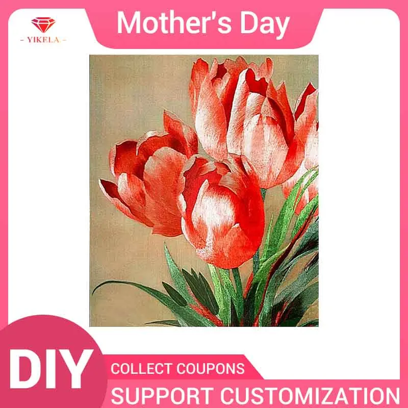 

YIKELA Flower Tulip Diamond Painting Mosaic 5D Diy Love Full Drill Square Accessory Diamond Decoration Gift Embroidery Handmade
