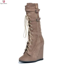 Оригинальное предназначение; очень стильные женские сапоги до колена; модные сапоги на танкетке с круглым носком; модная коричневая Женская обувь; большие размеры 4-15