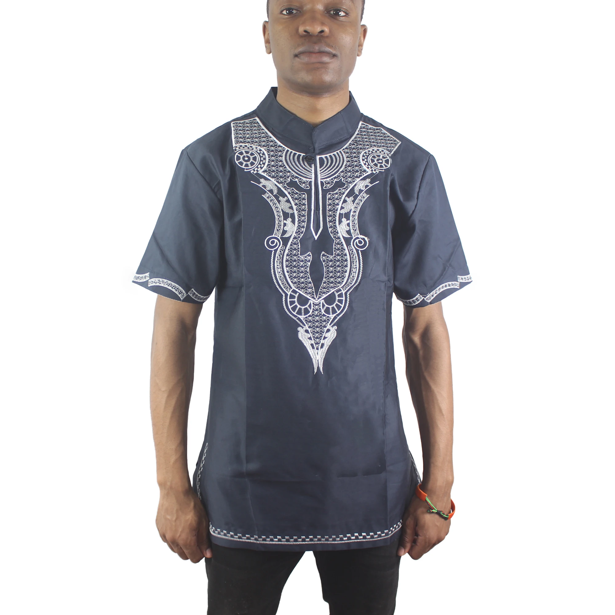 

Africa Navy Blue Illusion Owl Embroidered Men`s Ethnic Tops Short Sleeved Both Side Pattern Tunic Shirts for Formal Wearing