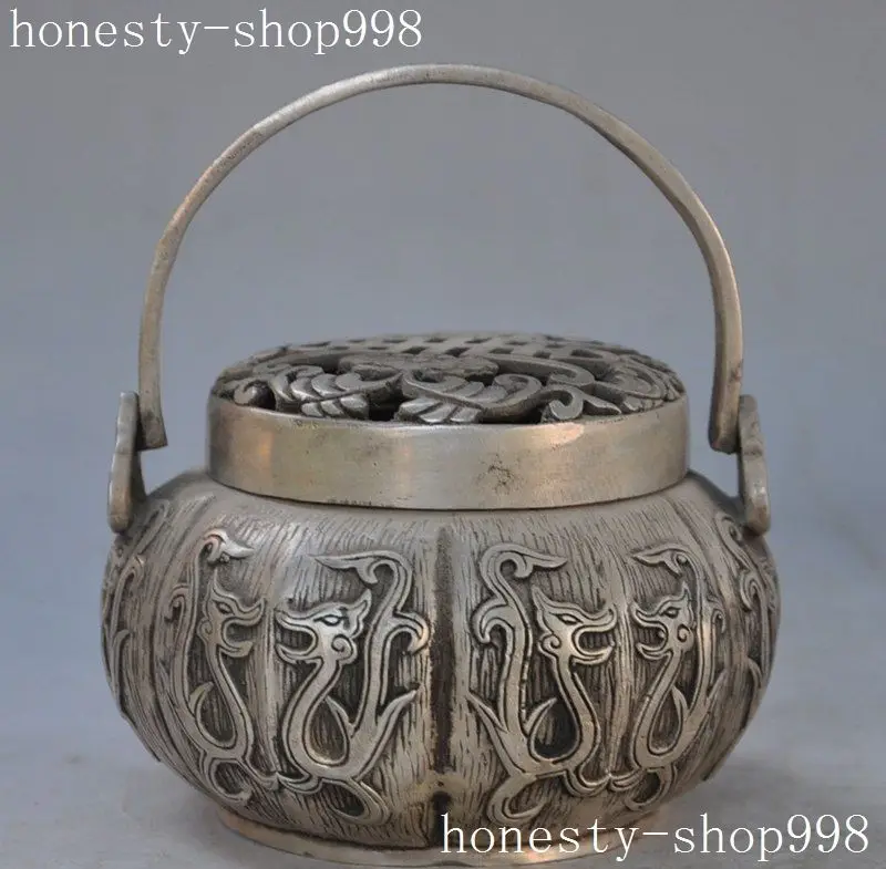 

Crafts statue Marked Chinese Dynasty Silver fengshui dragon beast statue incense burner Censer