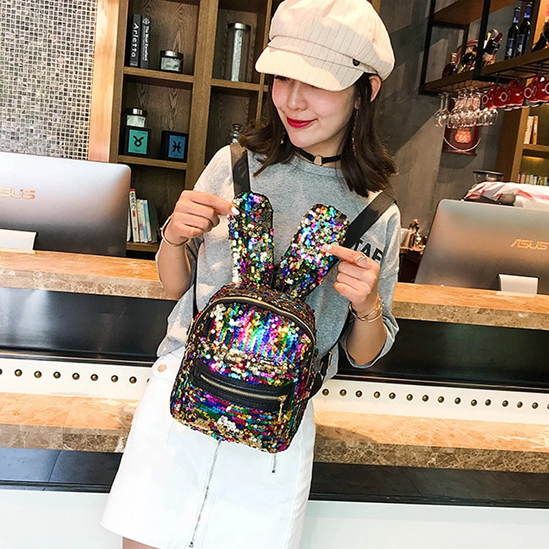 2018 Fashion New Brand Sequin Women Backpacks Casual Rabbit Ear Mini Backpack Korean Style Leather Small Lady bag Female Bolsas | Багаж и