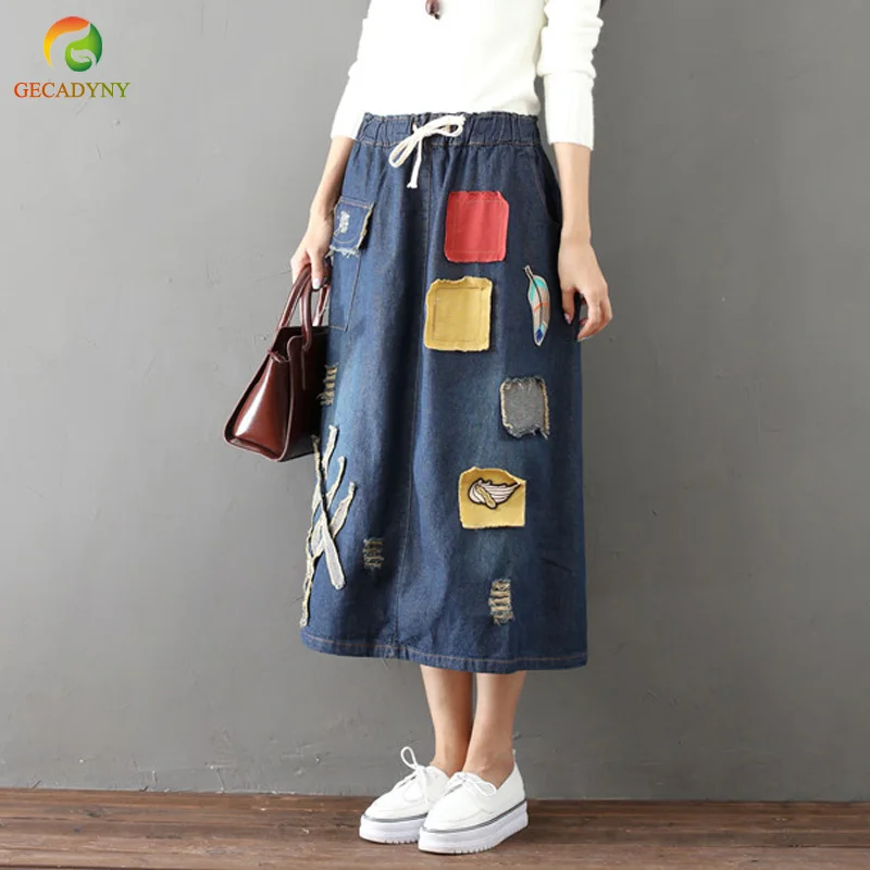 

High Waist Denim Skirts Women Jeans Skirts Spring Summer Patchwork Holes Maxi Skirts Casual Vintage Bottom Saia 2019 New