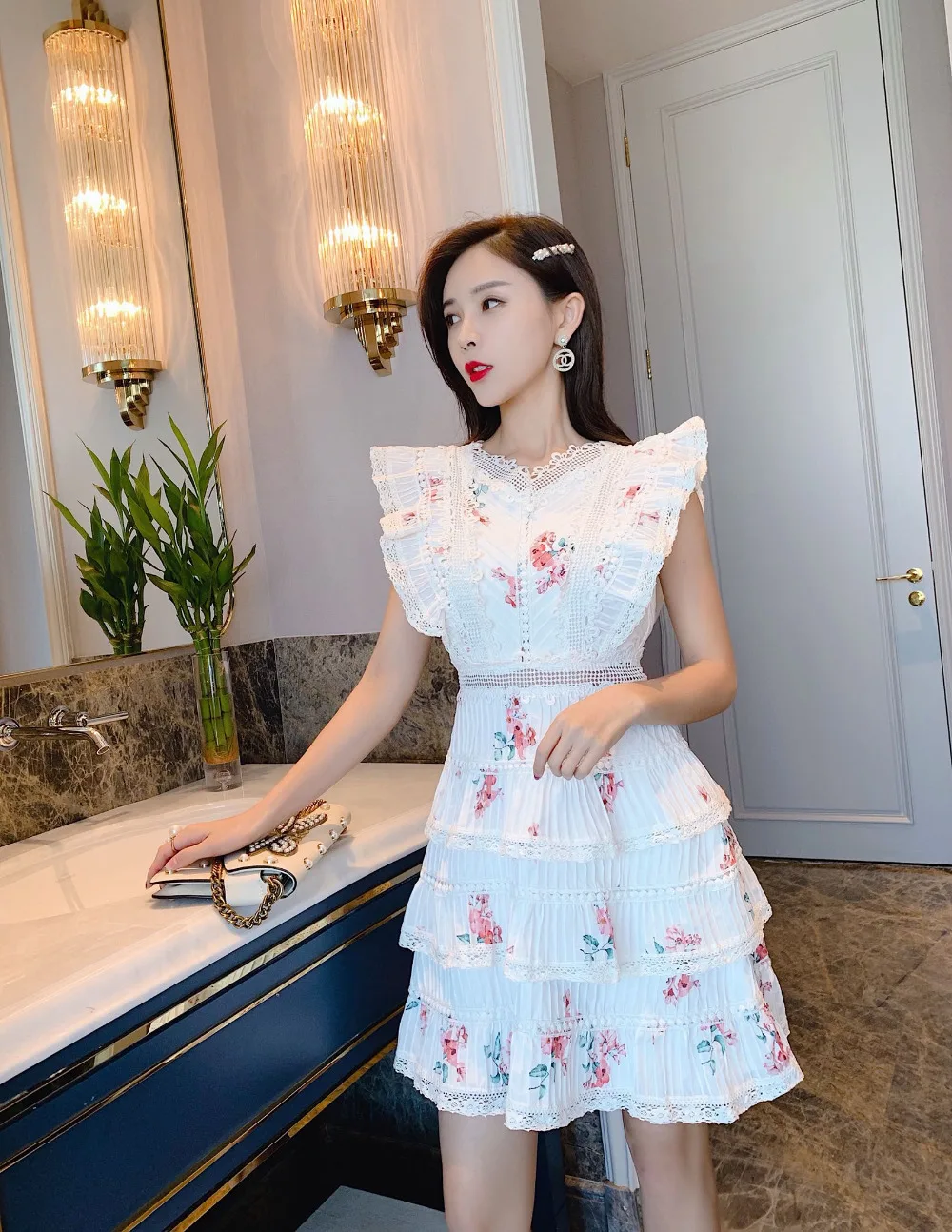 High Quality Runway Summer women Backless bow Mini Cake Dress flowers Print sleeveless Ruffles party Dress vestidos