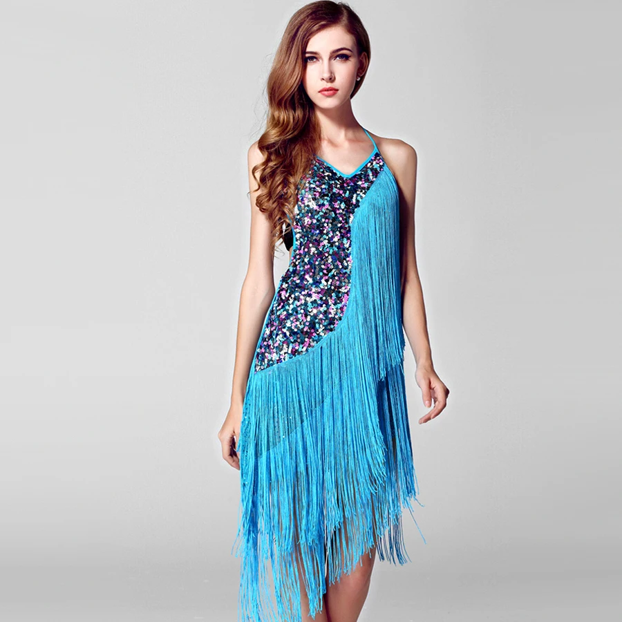 2018 New Cha Cha Dress Red/Lake Blue Fringed Dresses Free Size Latin