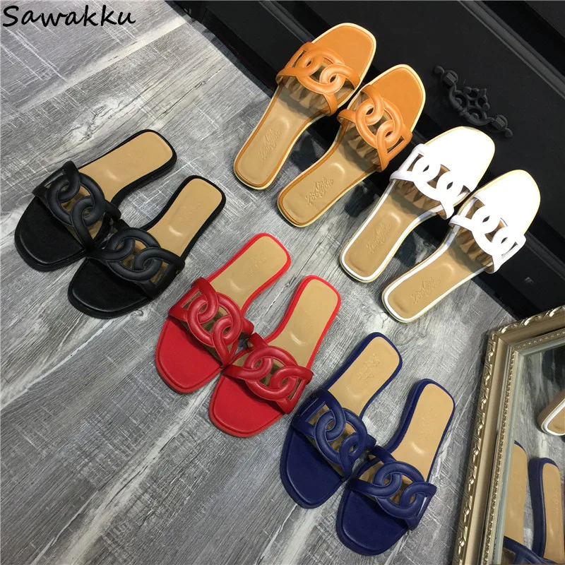 

Fashion 2019 Summer Women Slippers Ladies Sawakku Luxury Brand Genuine Leather Cut Out Slides Flat Slippers Women Beach Sandals