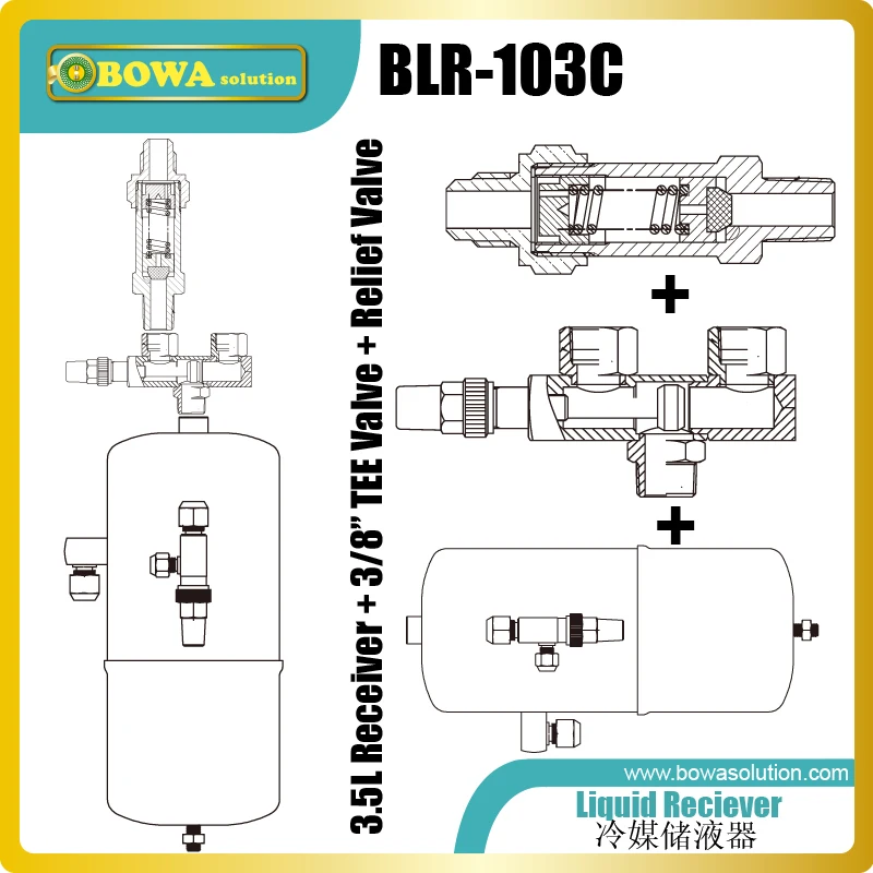 3.5L liquid receiver with TEE shutoff valve and safety valves is designed for R410A air conditioners, heat pump and air dryers 3.5L liquid receiver with TEE shutoff valve and safety valves is designed for R410A air conditioners, heat pump and air dryers