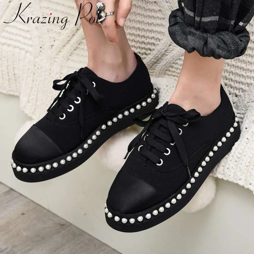 

2019 new arrival fairy vintage British concise style round toe low bottom pearls decoration satin lace up streetwear shoes L44