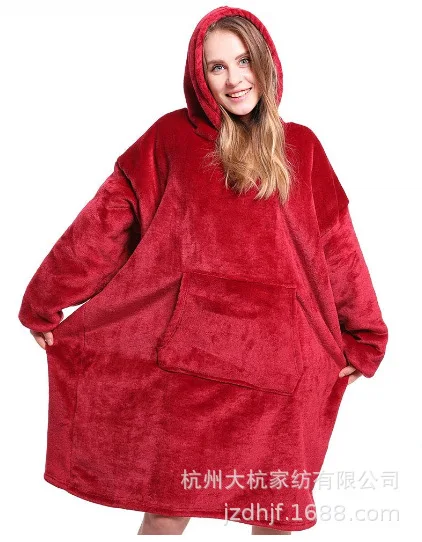 Winter Thick Comfy TV Blanket Sweatshirt Solid Warm Hooded Blanket Adults and Children Fleece Weighted Blankets for Beds Travel - Цвет: Красный