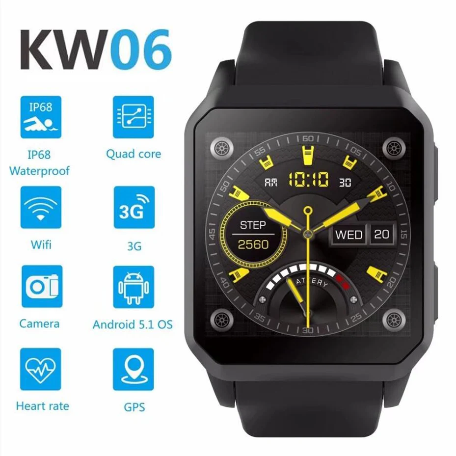 RUIJIE KW06 IP68 Waterproof GPS Smart Watch Android 5.1 MTK6580 Heart Rate Monitor Bluetooth Smartwatch Support SIM Card Camera