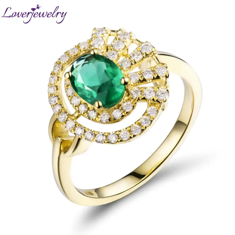 Natural Diamond Emerald Ring Oval 5x7mm In Solid 18Kt Yellow Gold, Real Gemstone Fine Jewelry ...