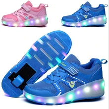 Enfants LED Sneakers Double Roues Flamme Buty Led Lumineux Garçons Filles En Bas Âge Rouleau Sneakers Rougeoyant Sneakers2017K03
