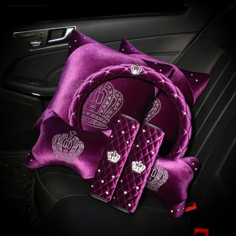 Purple Crystal Crown Car Seat Interior Accessories Steering Wheel