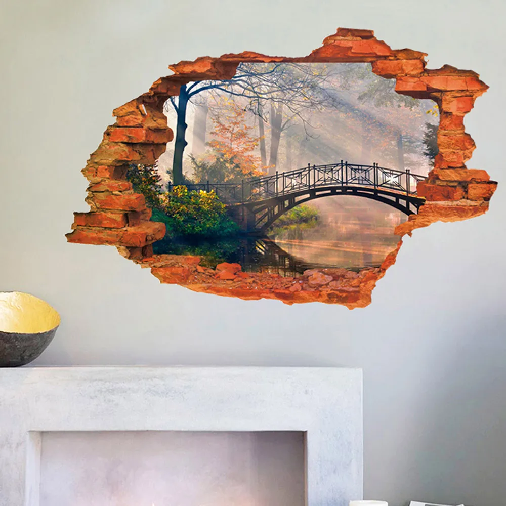 

Creative Home Decor 3D Wall Stickers Broken Wall Style Arch Bridge Mirkwood Pattern For Living Room Mural Art Wallpaper 60*90 CM