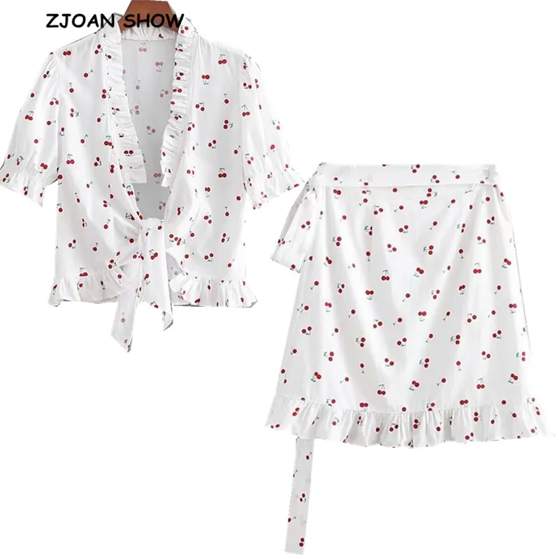 

2019 Summer New Retro Bow tide Hem Cherry print Short Sleeve Shirt White Woman Wood ear Ruffles Short Blouse Tops + Wrap Skirts