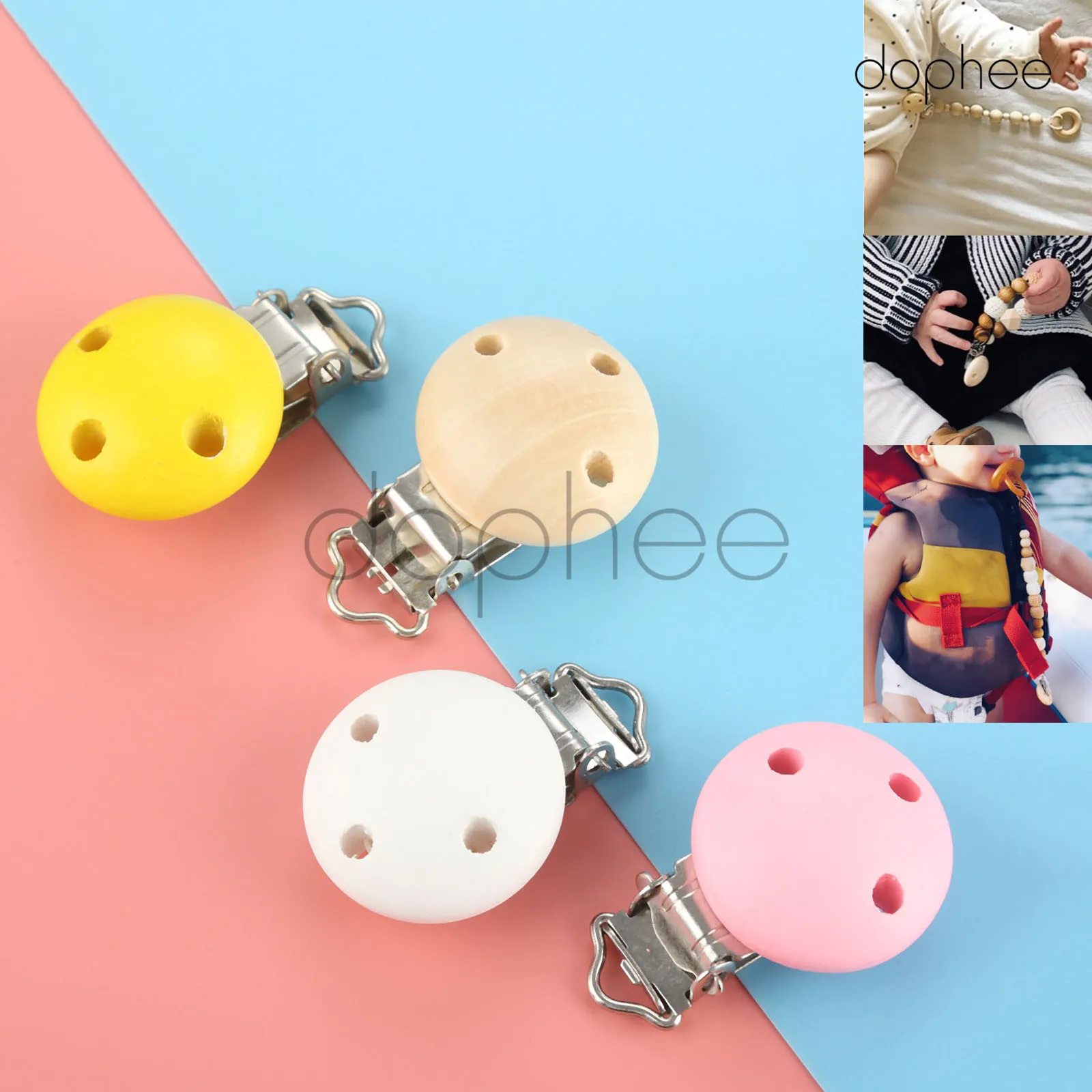 

dophee 5pcs Multi-Color Natural Wooden Baby Pacifier Clips Infant Dummy Clips For Baby Clasps Holders Accessories