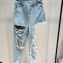 WHITNEY WANG сезон: весна-лето Модная уличная рваные джинсы для женщин стильные джинсовые штаны