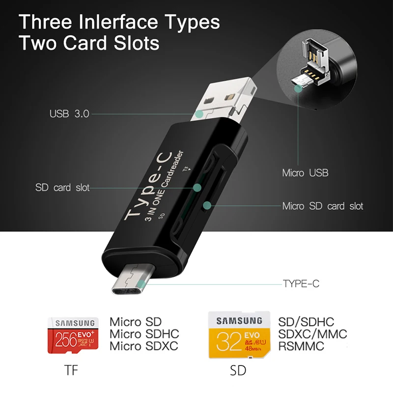 Raugee type C и Micro USB OTG кард-ридер 3 в 1 USB-C 2,0 Универсальный TF SD Разъем для чтения для мобильного телефона ПК Mac компьютерный адаптер