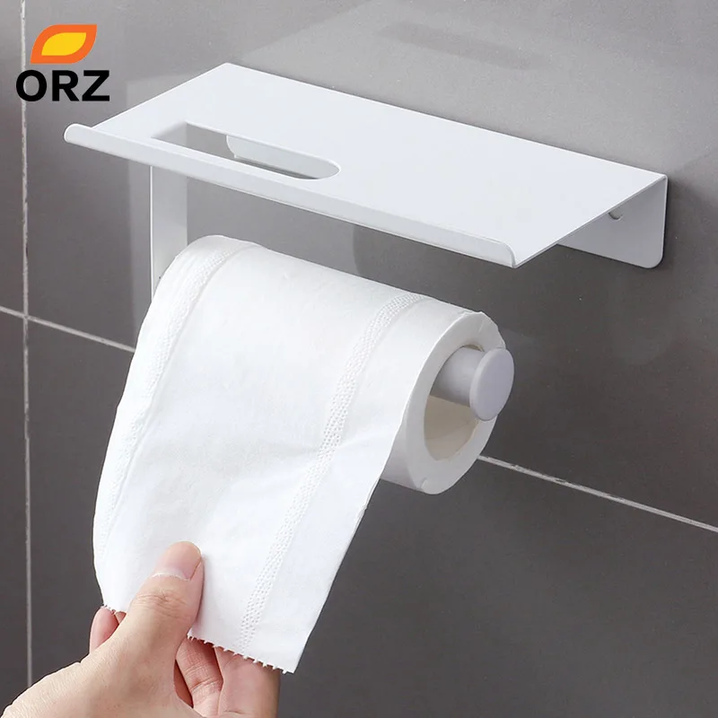 ORZ Toilet Paper Holder Rack With Mobile Phone Storage Shelf Wall Mount Bathroom Tissue Holder Bathroom Storage Organizer Rack 