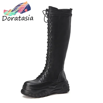 

DORATASIA Brand New Genuine Leather Cross Tied Zip Flat Platform Shoes Woman Casual Party Soft Autumn Winter Knee High Boots