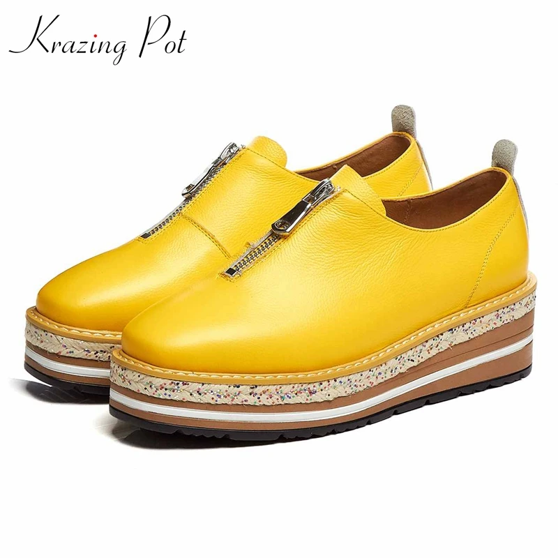 

Krazing Pot new genuine leather wedges streetwear platform casual zipper straw thick bottom leisure increasing oxford shoes L1f6