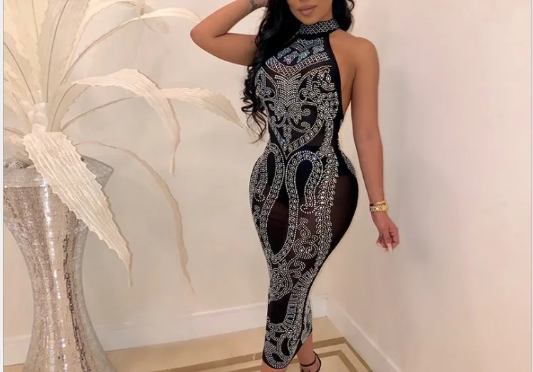 

2019 Women fashion dress hot drilling Mesh yarn Dress backless sexy dress