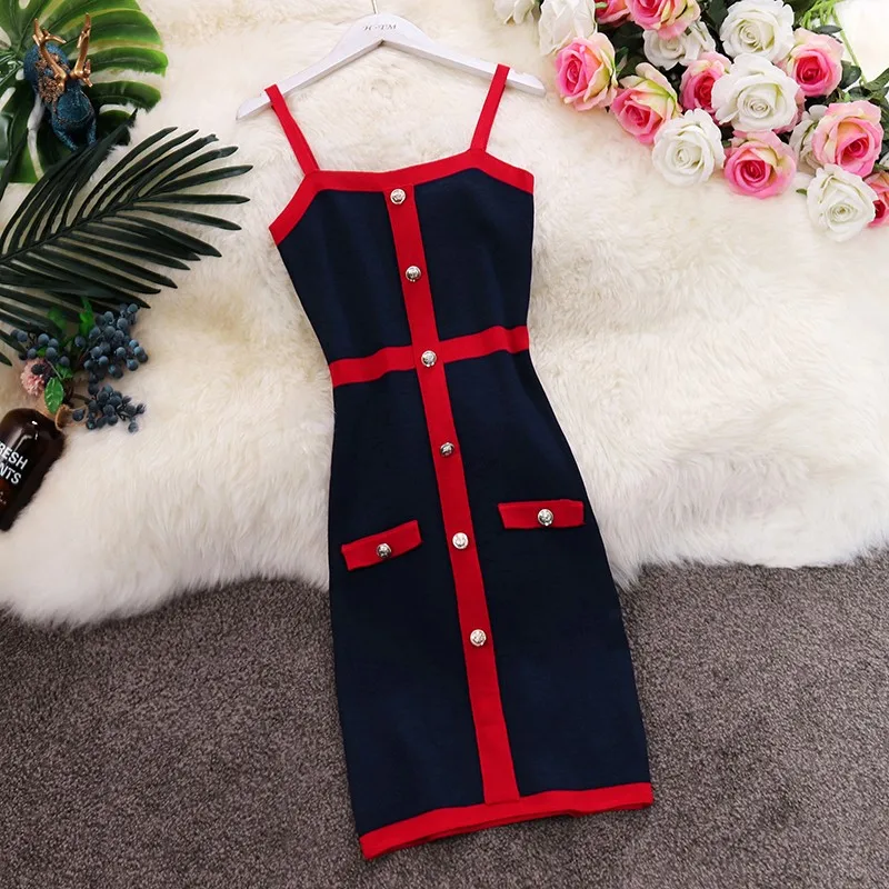 

Amolapha Women Single Buttons Stretchy Slim Knit Straps Dress Ladies Knit Breasted Sheath Knitting Dress Vestidos