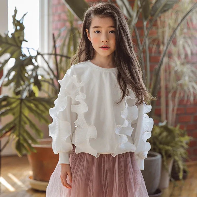 Футболка для девочек весна зима чистый хлопок белая детская Кружевная футболка